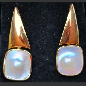 Earrings 14k Gold Blister Pearl Drop Vintage -Gemstone Earrings-Estate  9.6g